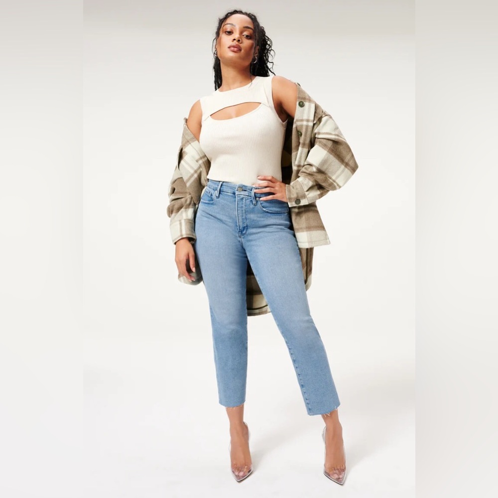 NWT Good American Womens High Rise Straight Denim Raw Hem